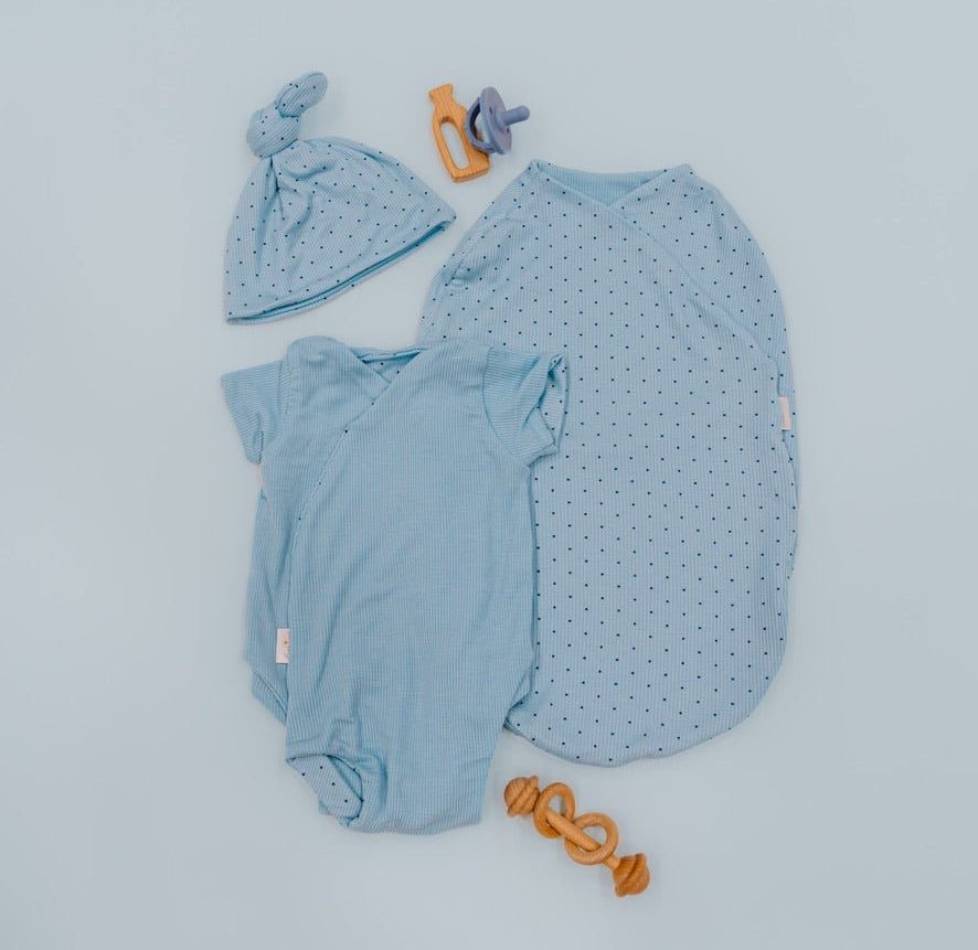 Newborn essentials bundle with short sleeve in silky modal fabric with dotted blues design.