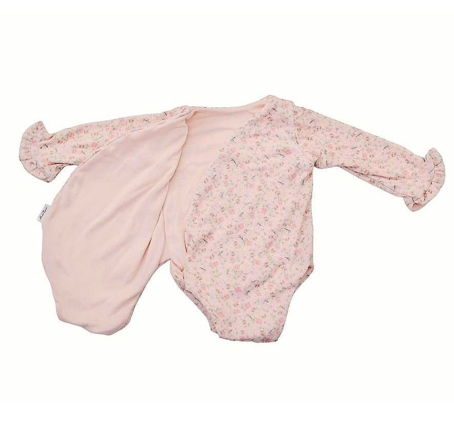 Baby long sleeve bodysuit in Dusty Roses design brushed fabric featuring wing details and ruffle cuffs.