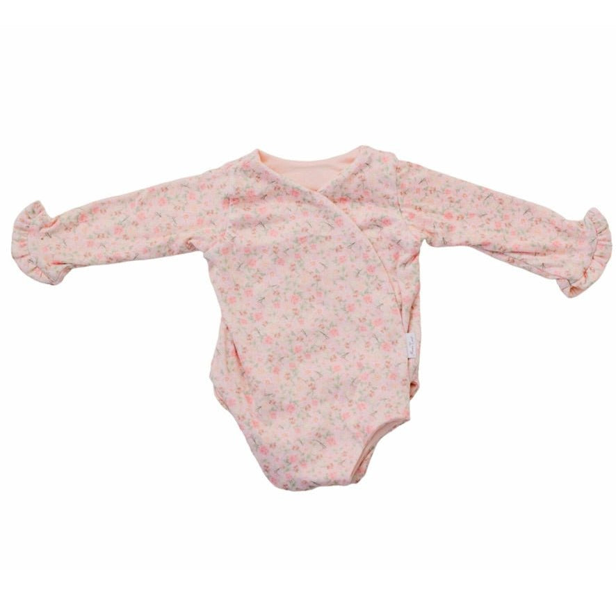Boutique-style long sleeve baby bodysuit with ruffle cuff accents in Dusty Roses design brushed fabric.
