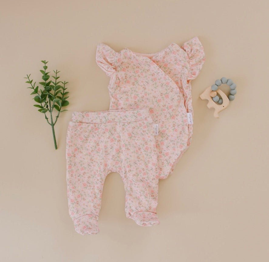 Short-sleeve bodysuit for baby in Classic Brushed fabric styles featuring Dusty Roses.