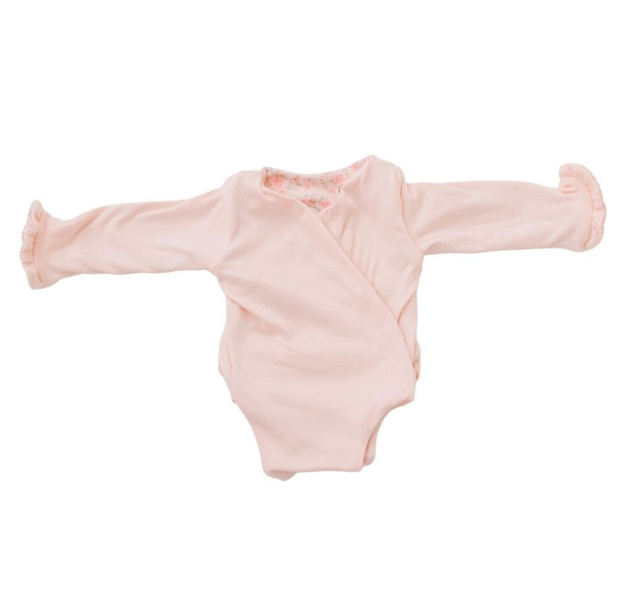 Stylish winged baby bodysuit with ruffle cuffs in soft Dusty Roses design classic brushed fabric.