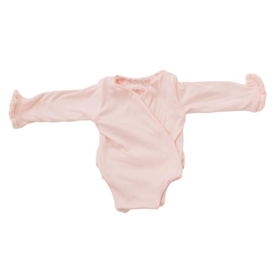 Stylish winged baby bodysuit with ruffle cuffs in soft Dusty Roses design classic brushed fabric.