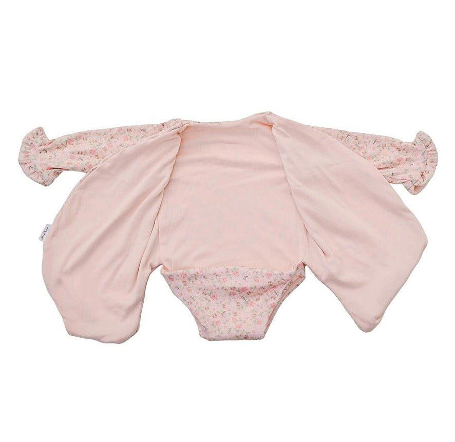 Elegant Dusty Roses design winged bodysuit for babies with ruffle cuffs and premium brushed fabric.