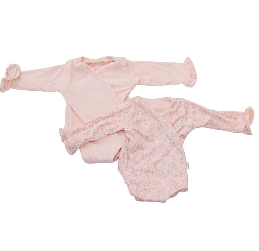 Long sleeve winged baby bodysuit featuring ruffle cuffs in soft Dusty Roses design brushed fabric.