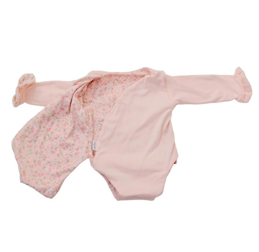 Classic reversible brushed fabric baby bodysuit in Dusty Roses design with long sleeves, winged, and ruffle cuffs.