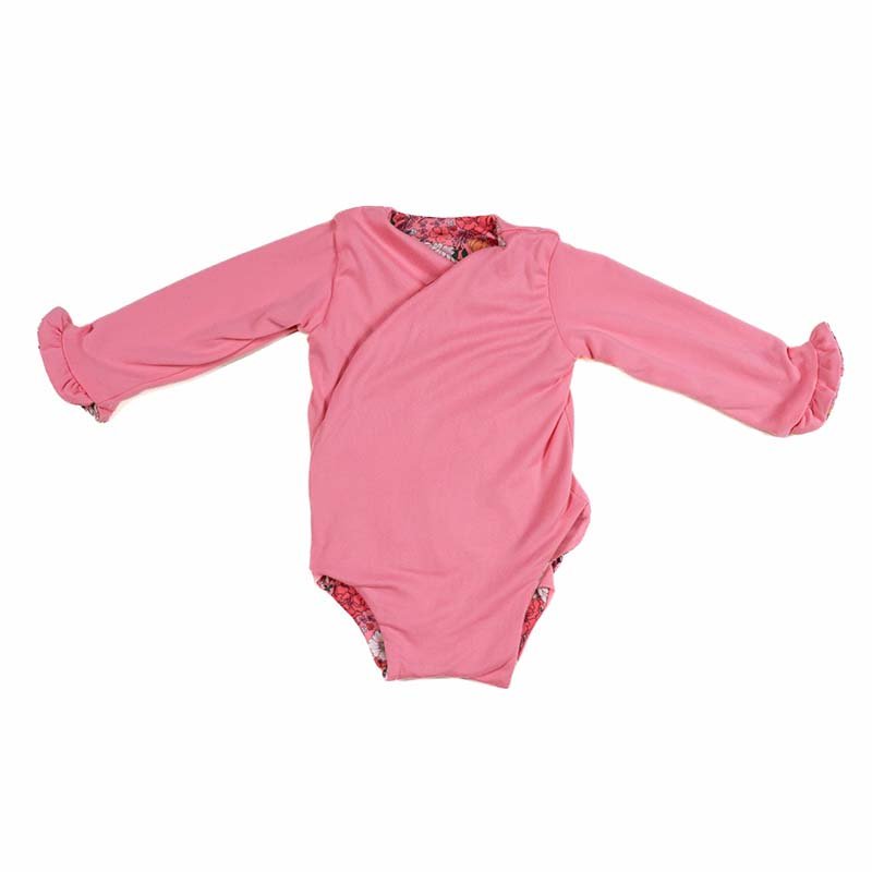 Stylish winged baby bodysuit with ruffle cuffs in soft Flower Power design classic brushed fabric with a reversible design.