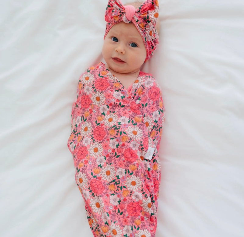 Flower Power design baby cocoon swaddle.