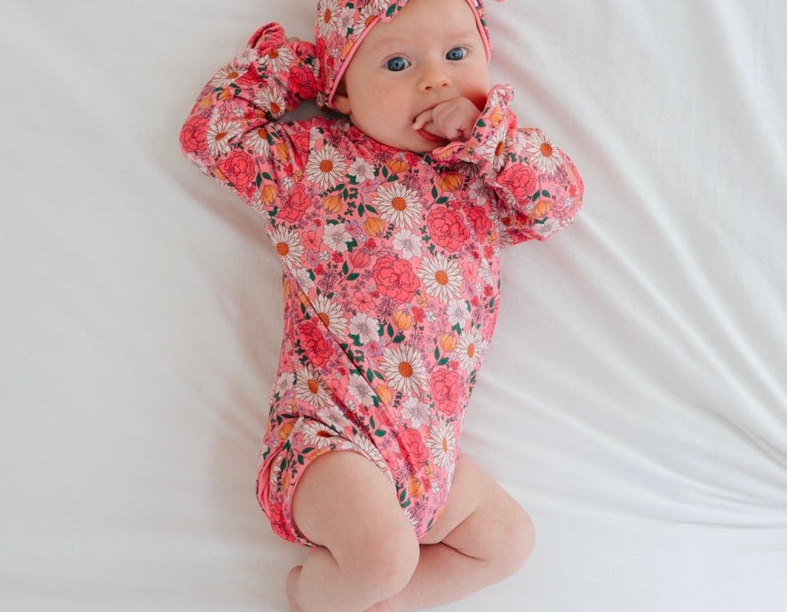Flower power long sleeve newborn baby bundle, with cute ruffle cuffs.