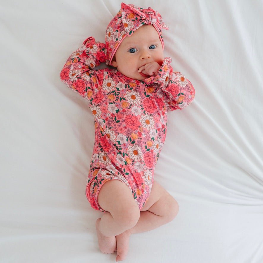Flower power long sleeve newborn baby bundle, with cute ruffle cuffs.