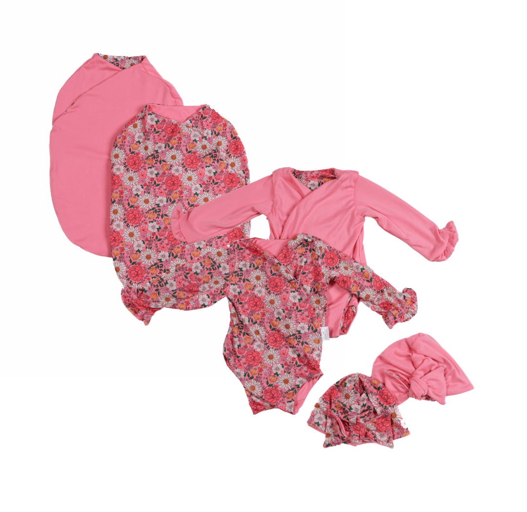 Classic brushed long sleeve newborn baby bundle, featuring adorable ruffle cuffs in flower power design.