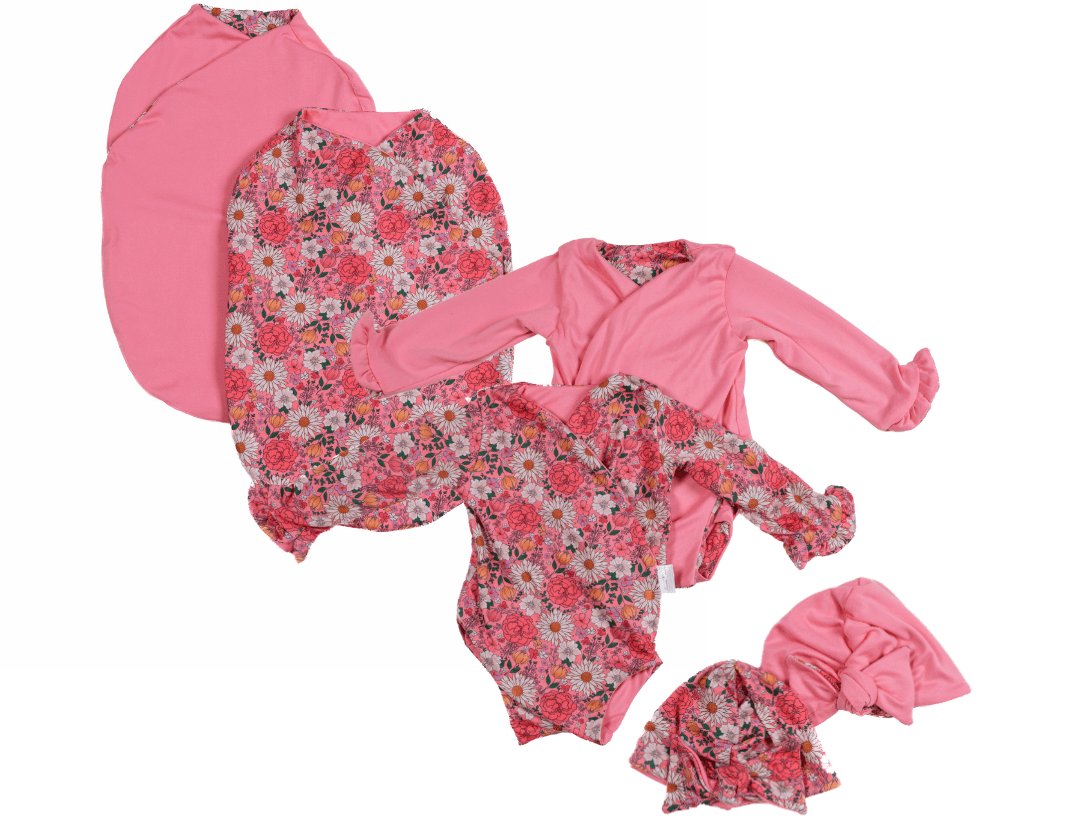 Classic brushed long sleeve newborn baby bundle, featuring adorable ruffle cuffs in flower power design.