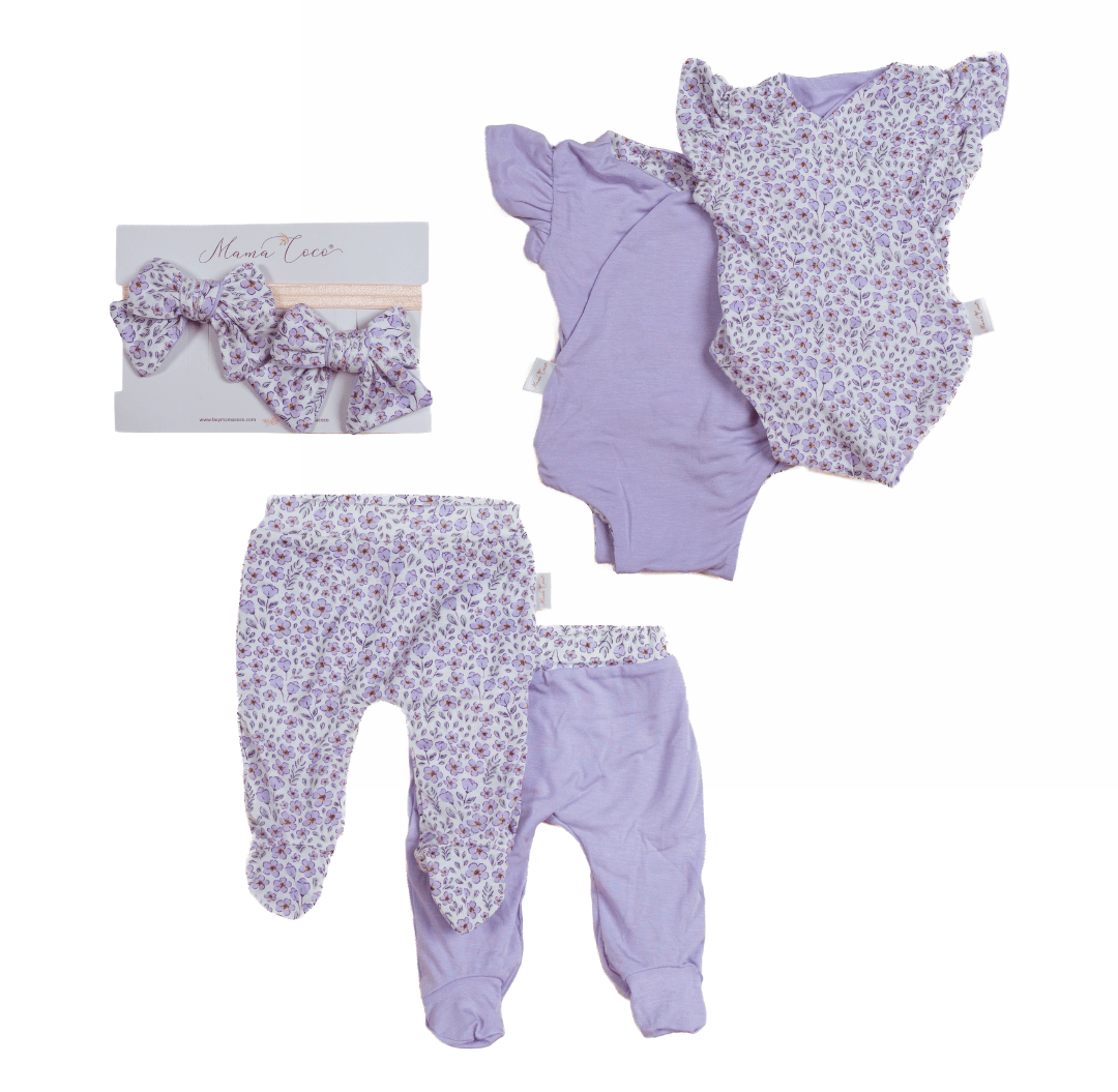 Flutter sleeve baby onesie outfit bundle made from silky modal fabric in purple posies design.