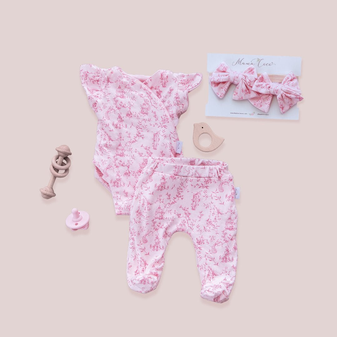 Flutter sleeve baby onesie outfit bundle made from bamboo cotton in whimsical garden design.