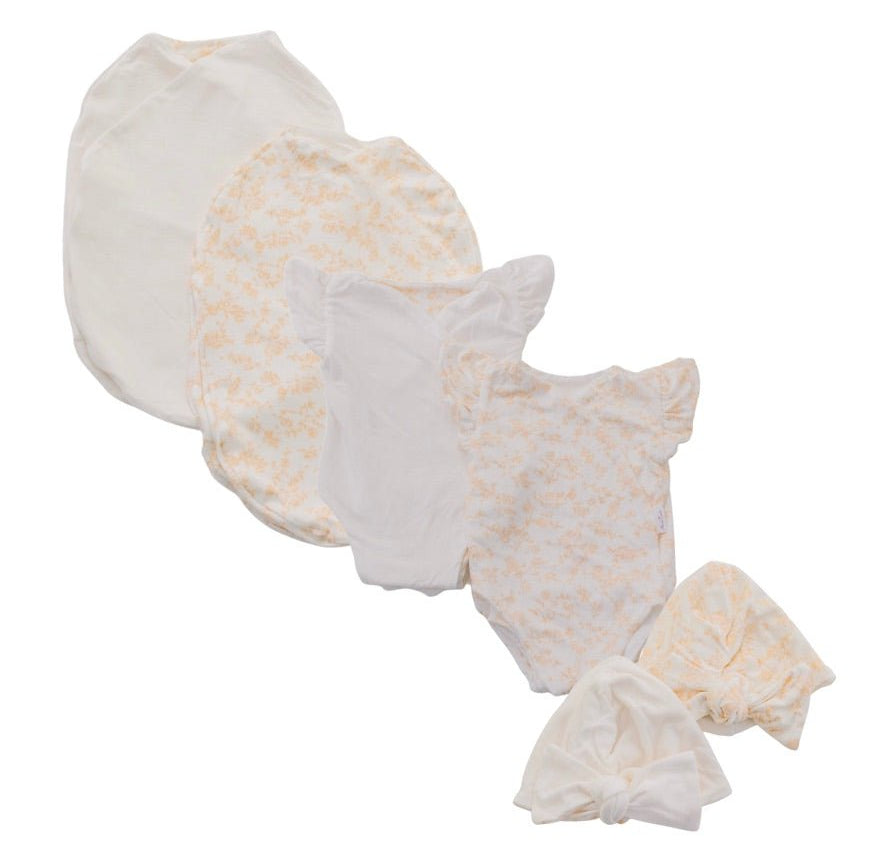 Newborn essentials bundle with flutter sleeves in silky modal fabric with bitty blooms design.