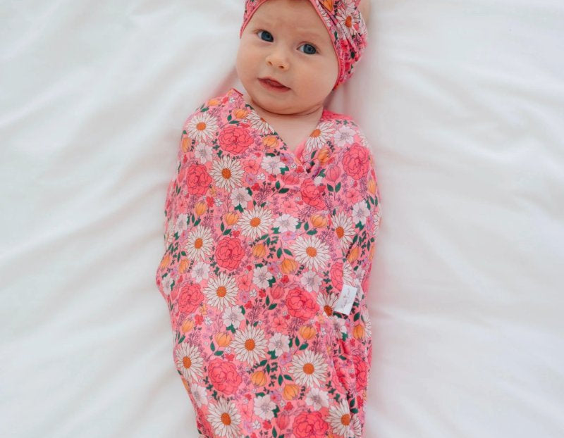 Classic brushed flutter sleeve newborn essentials bundle in flower power design.