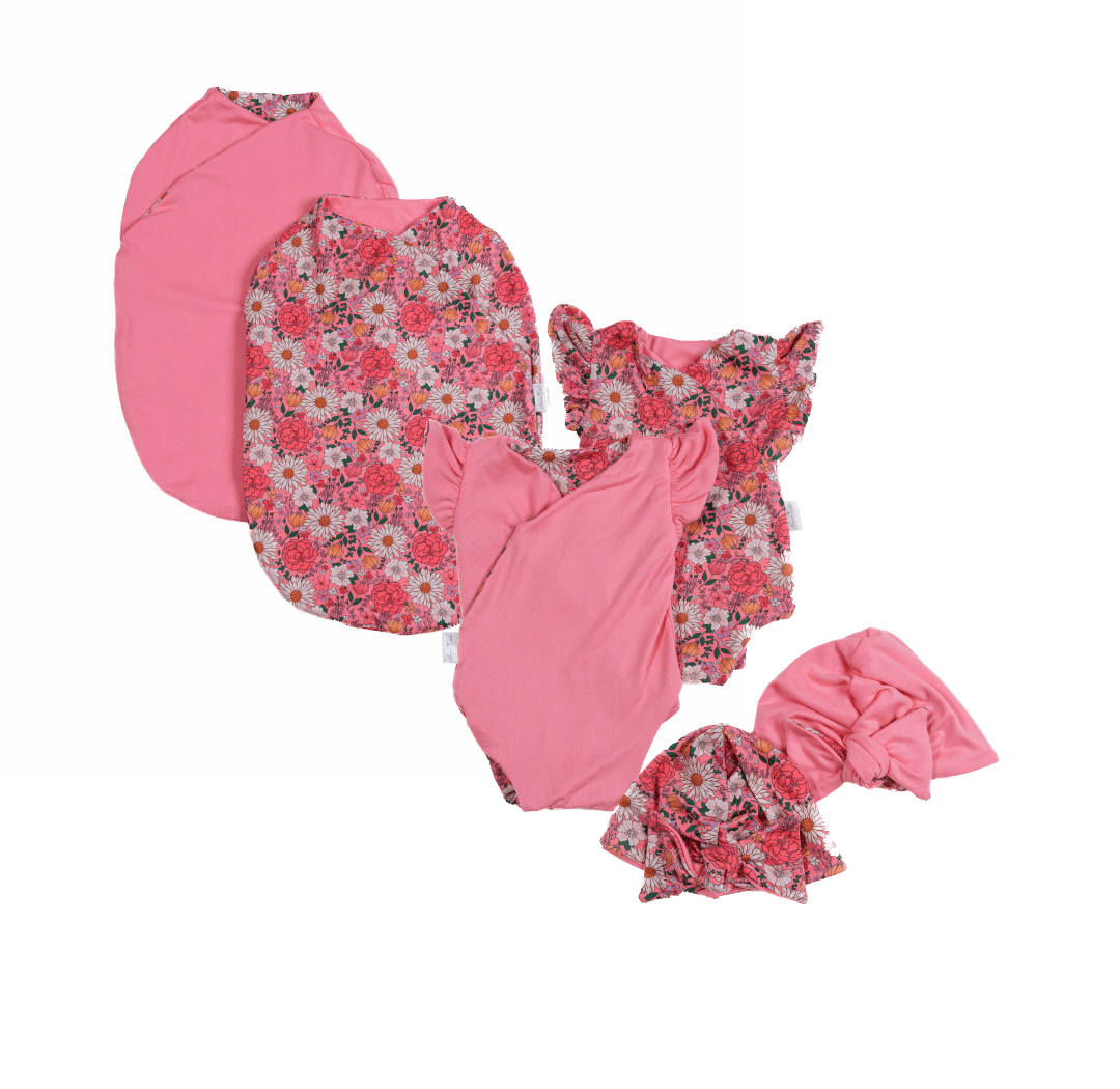 Newborn essentials bundle with flutter sleeves in classic brushed fabric with flower power design.