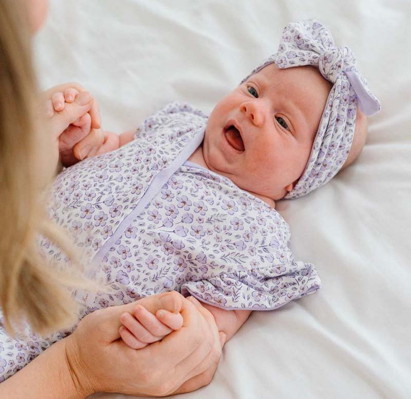 Silky modal flutter sleeve newborn essentials bundle in purple posies design.
