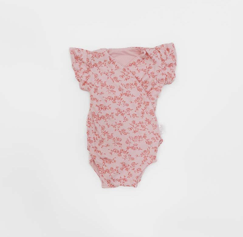 Flutter sleeve baby onesie in Bitty Pink Blooms design.