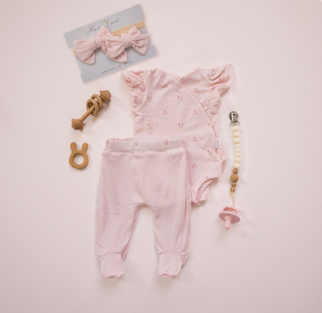 Flutter sleeve baby onesie outfit bundle made from bamboo cotton in dainty dots design.