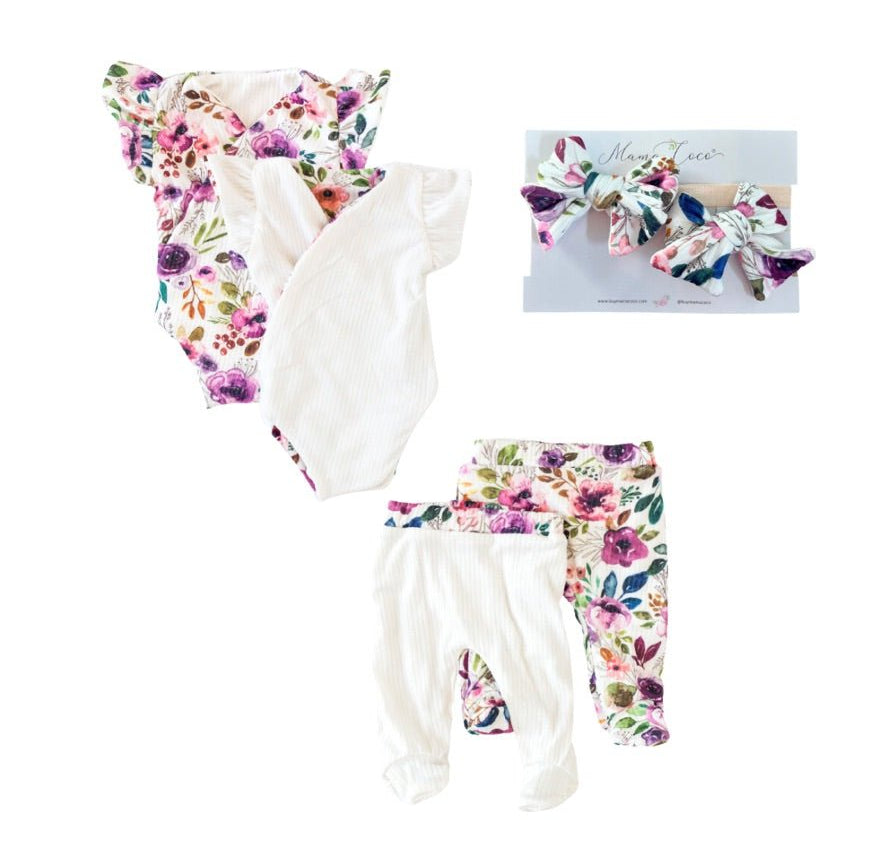 Ivory wildflowers flutter sleeve baby onesie outfit bundle made from soft classic brushed texture fabric.