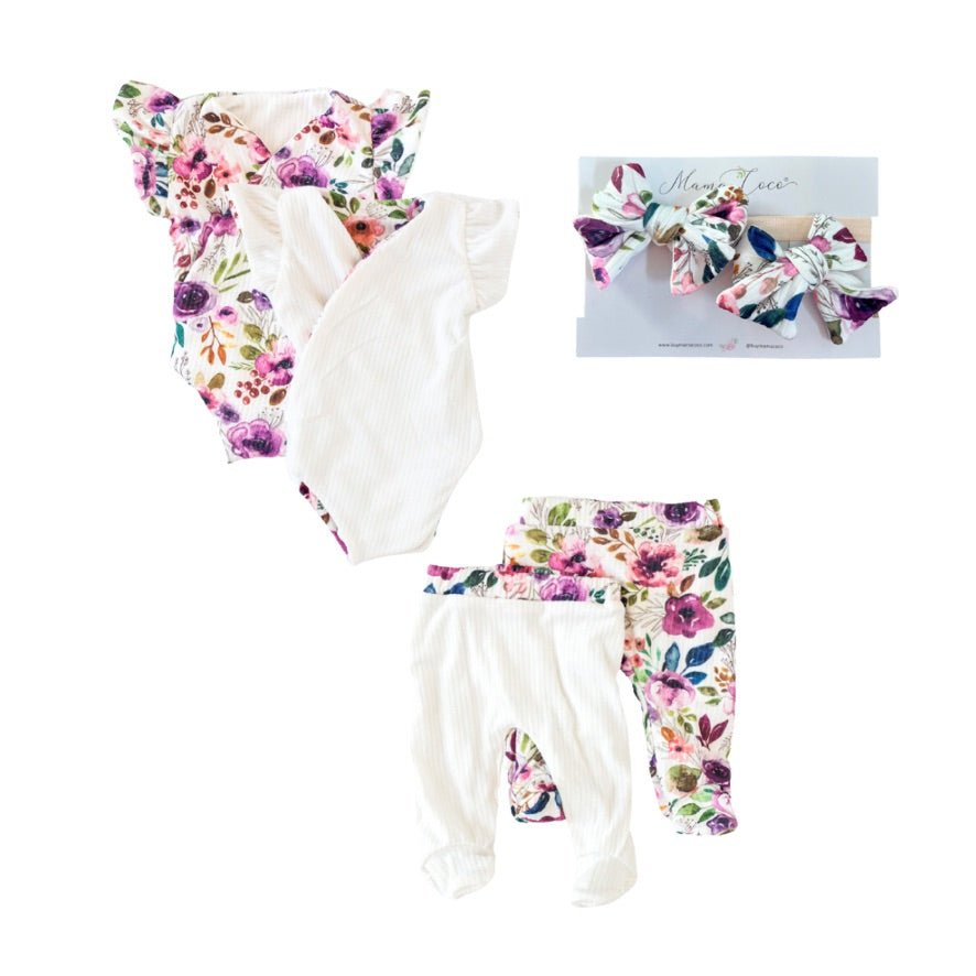 Ivory wildflowers flutter sleeve baby onesie outfit bundle made from soft classic brushed texture fabric.