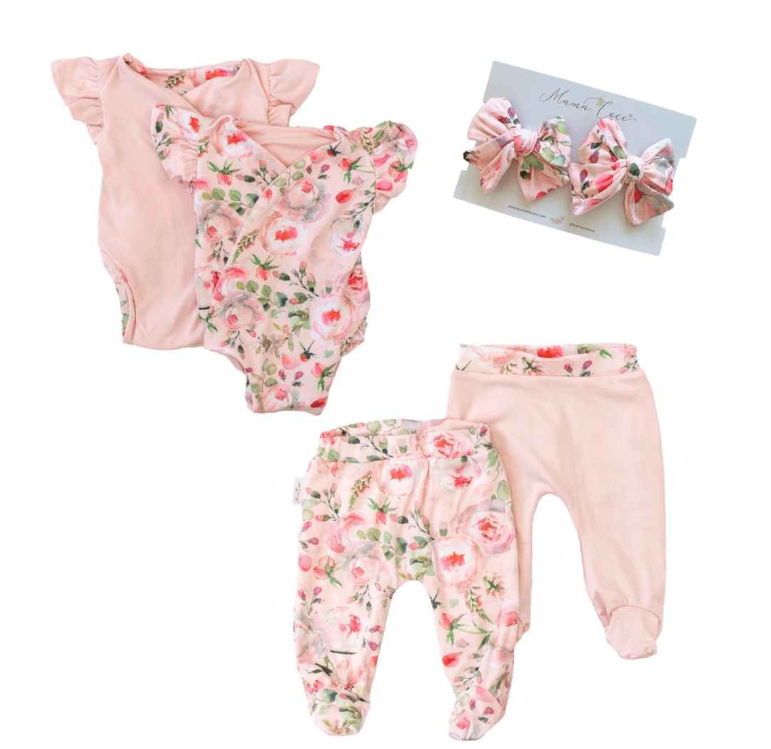 Peachy lilac flutter sleeve baby onesie outfit bundle made from soft classic brushed texture fabric.