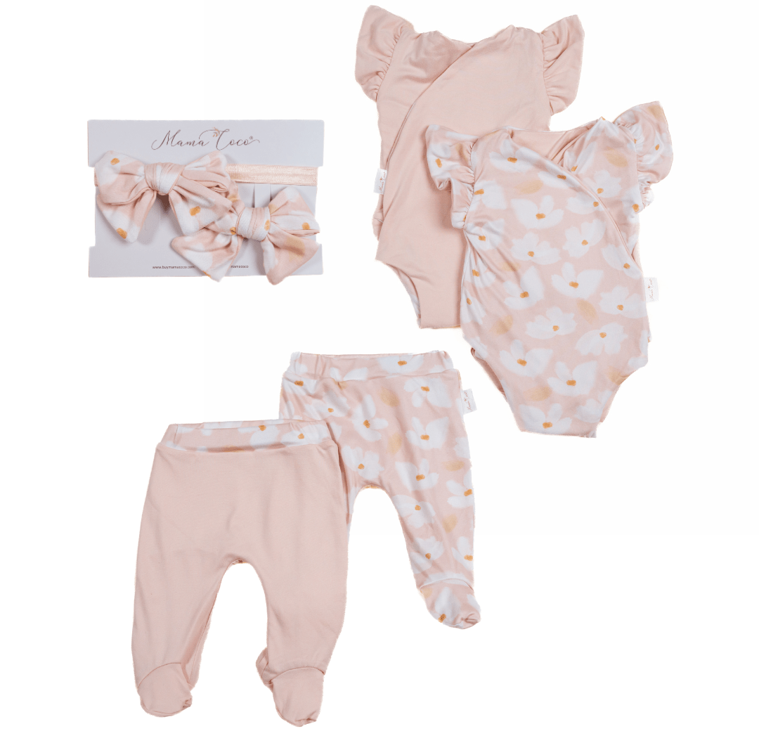 Sweet lily flutter sleeve baby onesie outfit bundle made from soft classic brushed texture fabric.