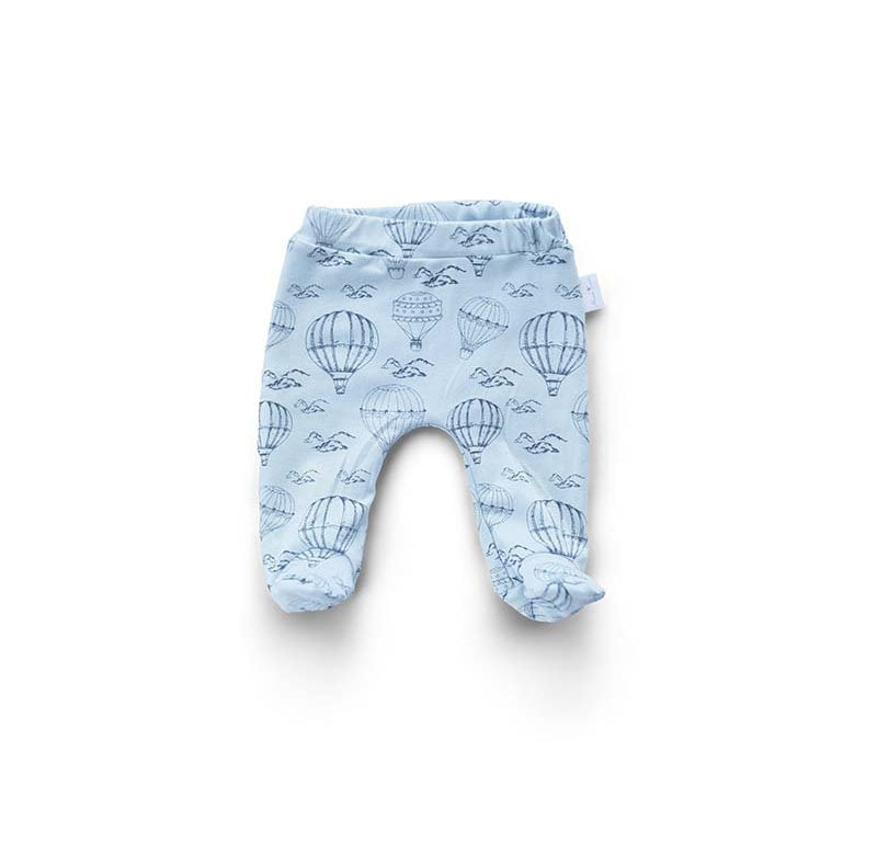 Front view of our baby footie pants in bon voyage design.