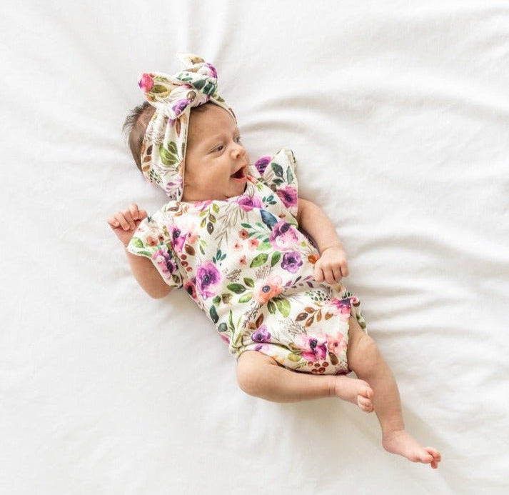 Floral Ivory Wildflowers short-sleeve bodysuit for baby in soft Classic Brushed fabric styles.