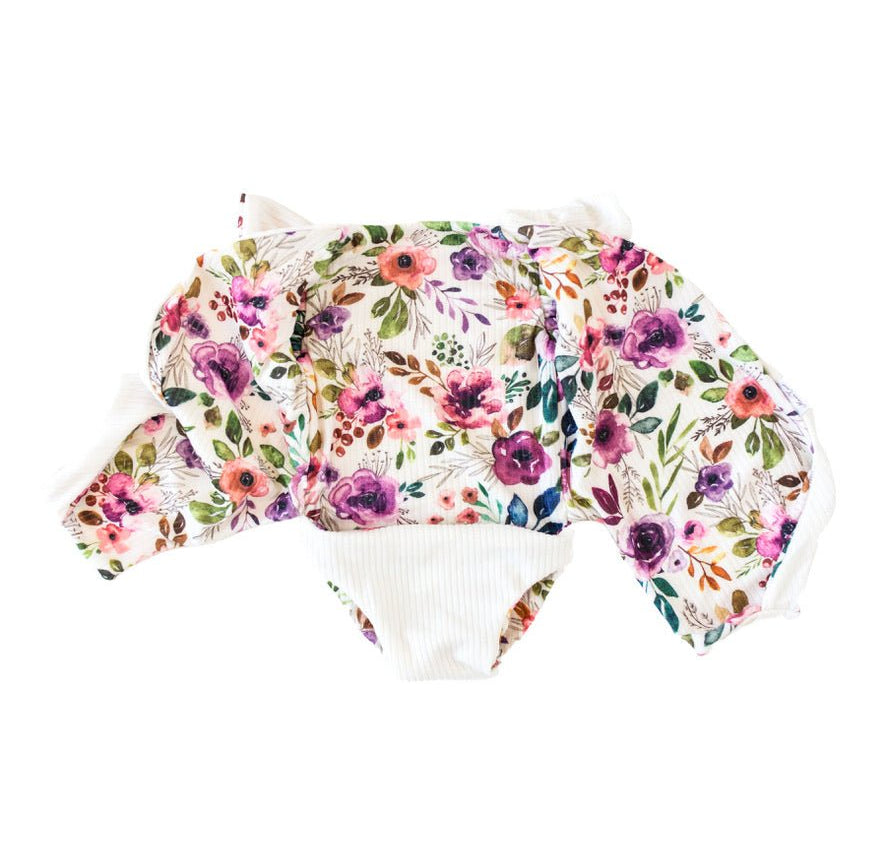Ivory Wildflowers print short-sleeve bodysuit for baby in premium Classic Brushed fabric styles.