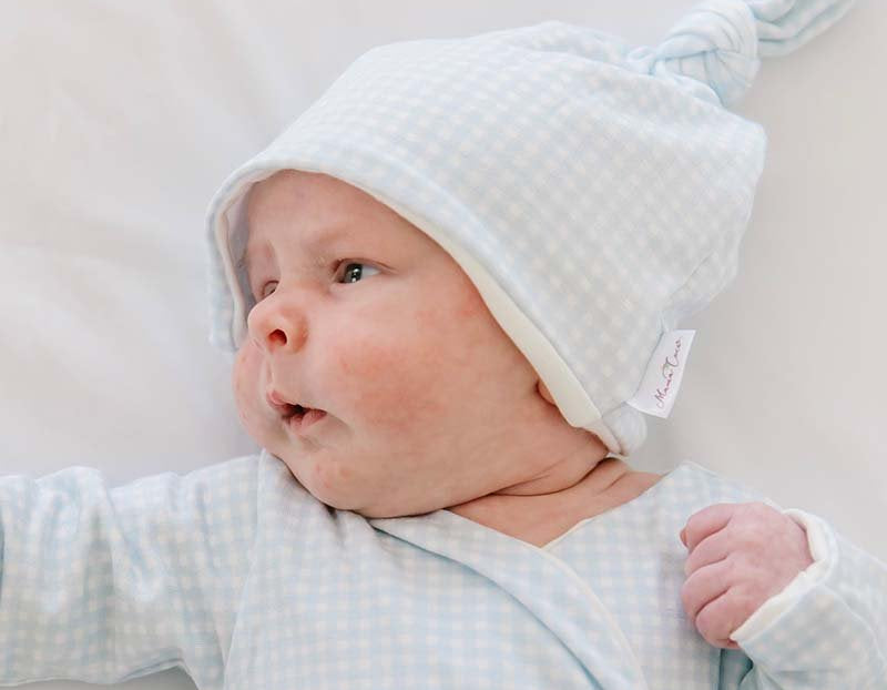 Silky modal knotty beanie in baby blue gingham design.