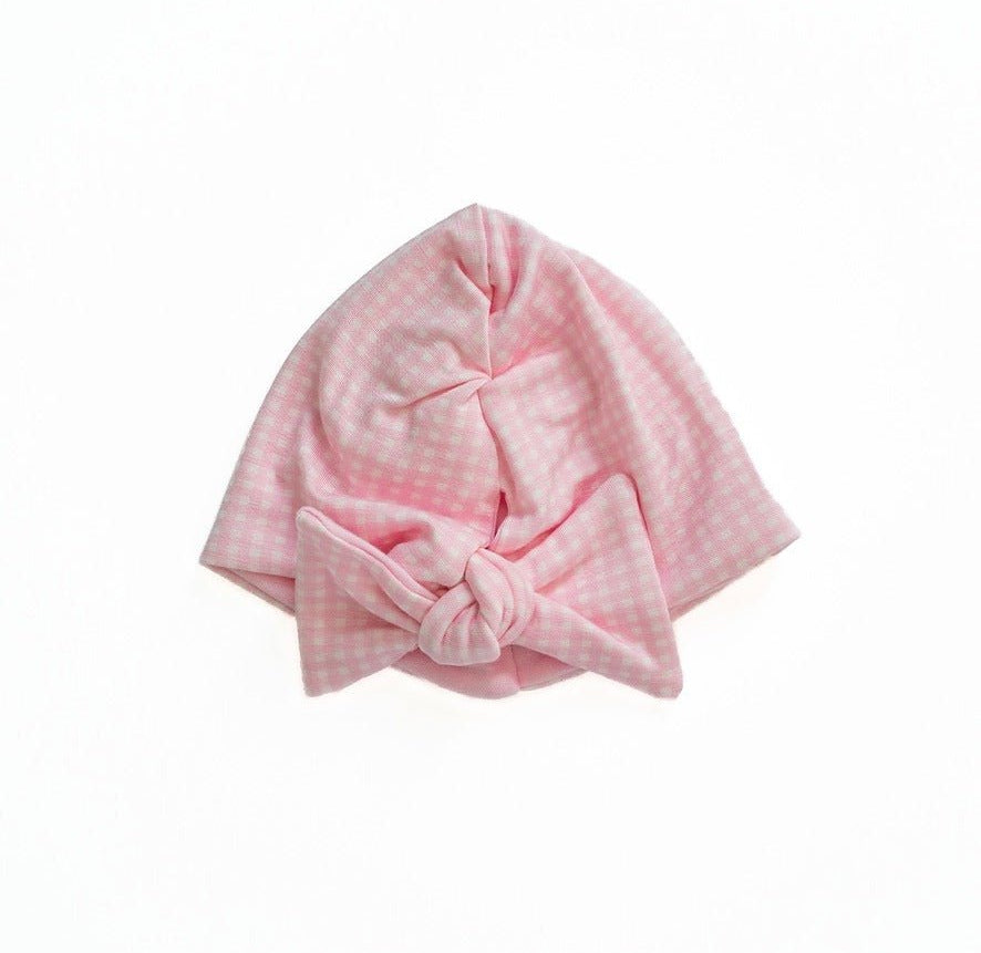 Silky modal baby pink gingham design knotty beanie.