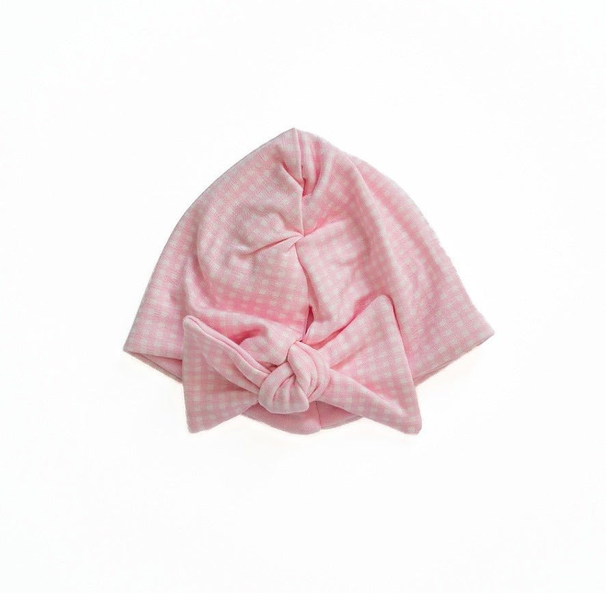 Silky modal baby pink gingham design knotty beanie.
