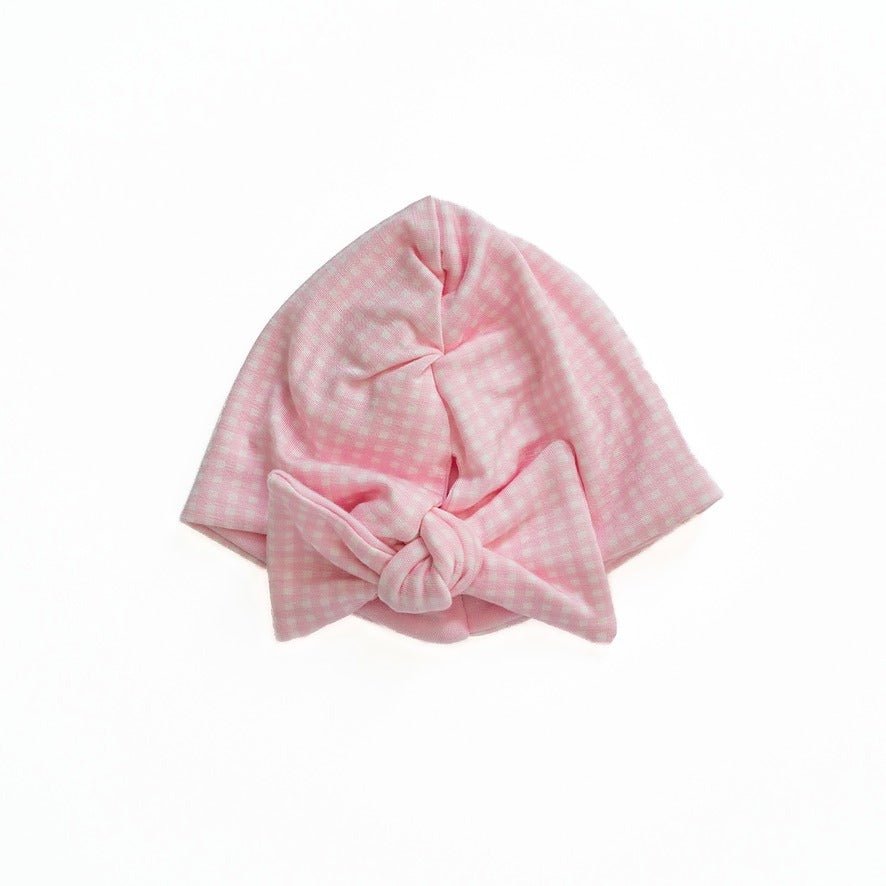 Silky modal baby pink gingham design knotty beanie.