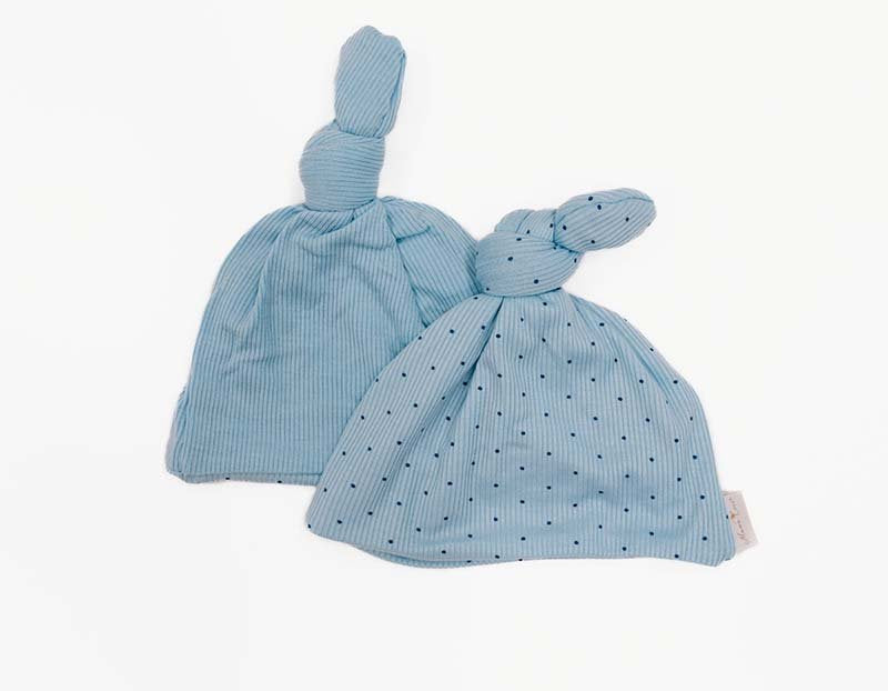 Knotty beanie in Dotted Blues design, made from Silky Modal fabric.