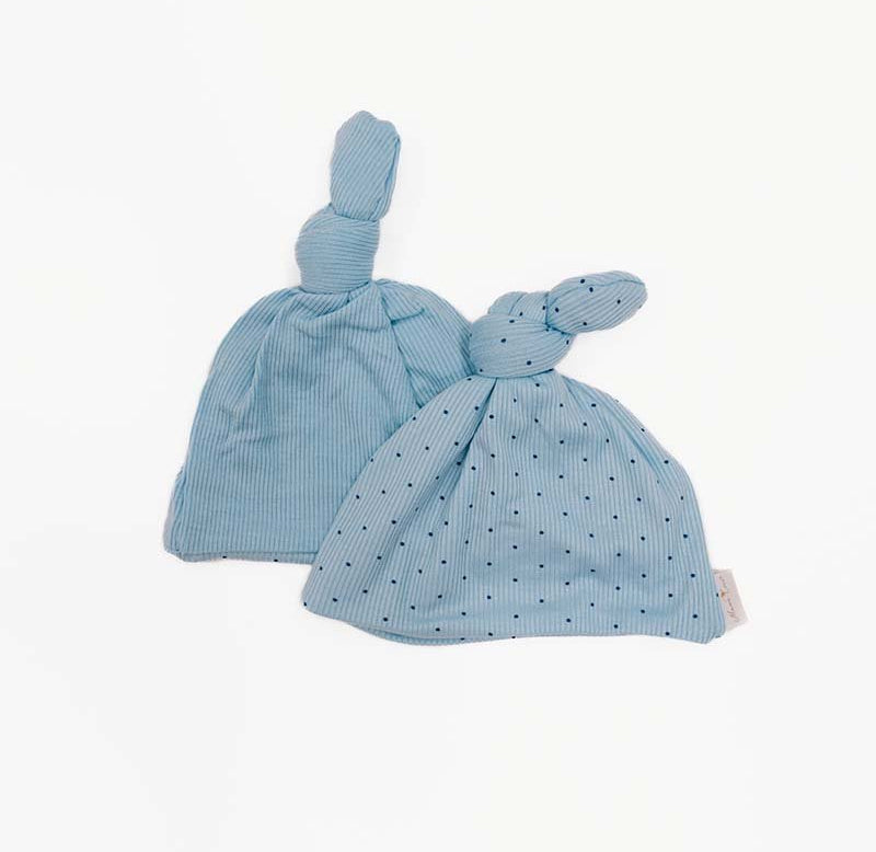 Knotty beanie in Dotted Blues design, made from Silky Modal fabric.