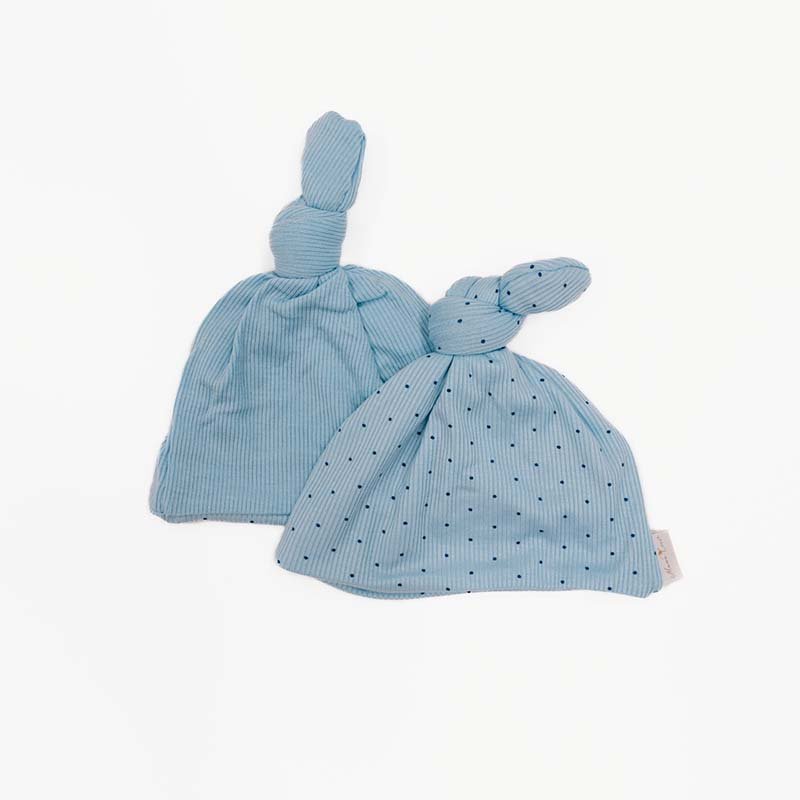 Knotty beanie in Dotted Blues design, made from Silky Modal fabric.