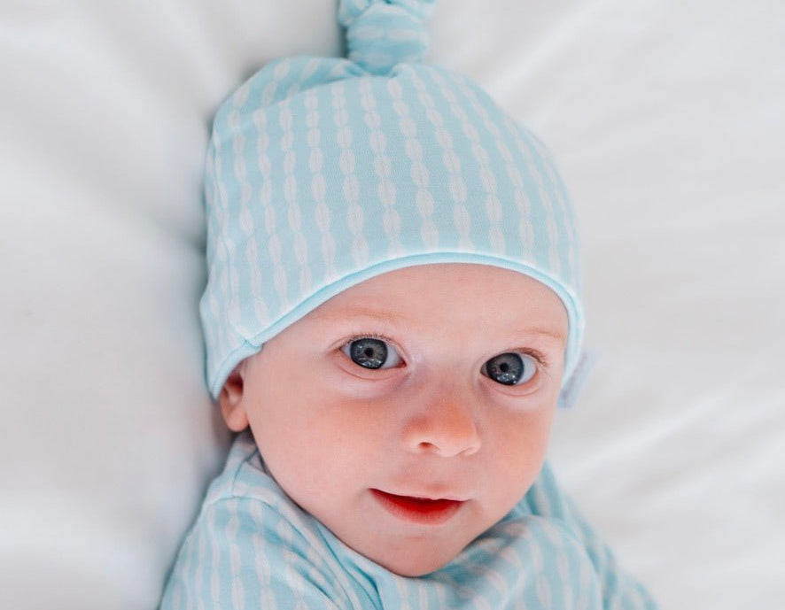 Knotty beanie in Lil Surfer design, made from Silky Modal fabric.