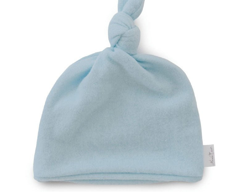 Knotty beanie in Plush Powder Blue design, made from Plush Dream fabric.
