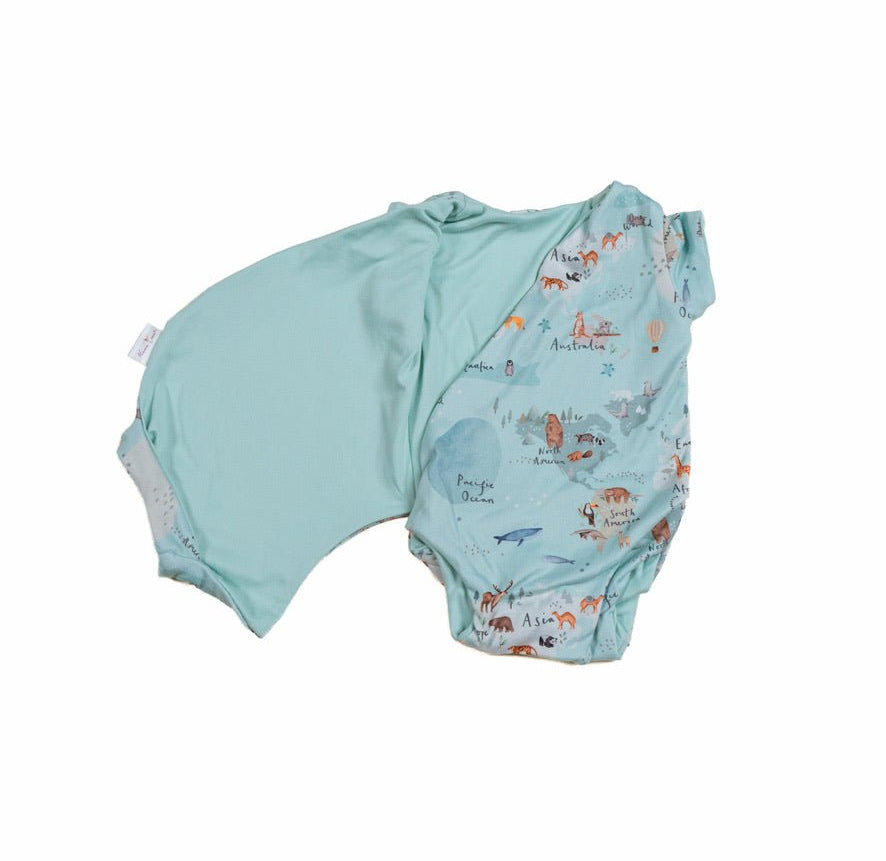 Comfortable reversible bodysuit with short sleeves, winged details, and the World Traveler print.