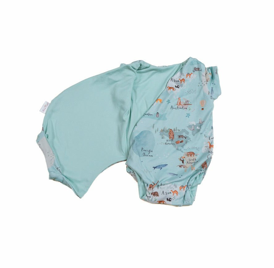Comfortable reversible bodysuit with short sleeves, winged details, and the World Traveler print.