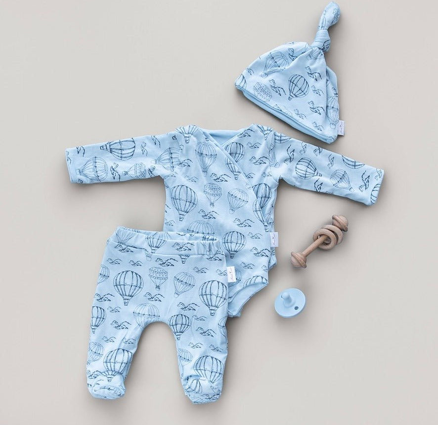 Long-sleeve baby onesie outfit bundle made from bamboo cotton in bon voyage design.