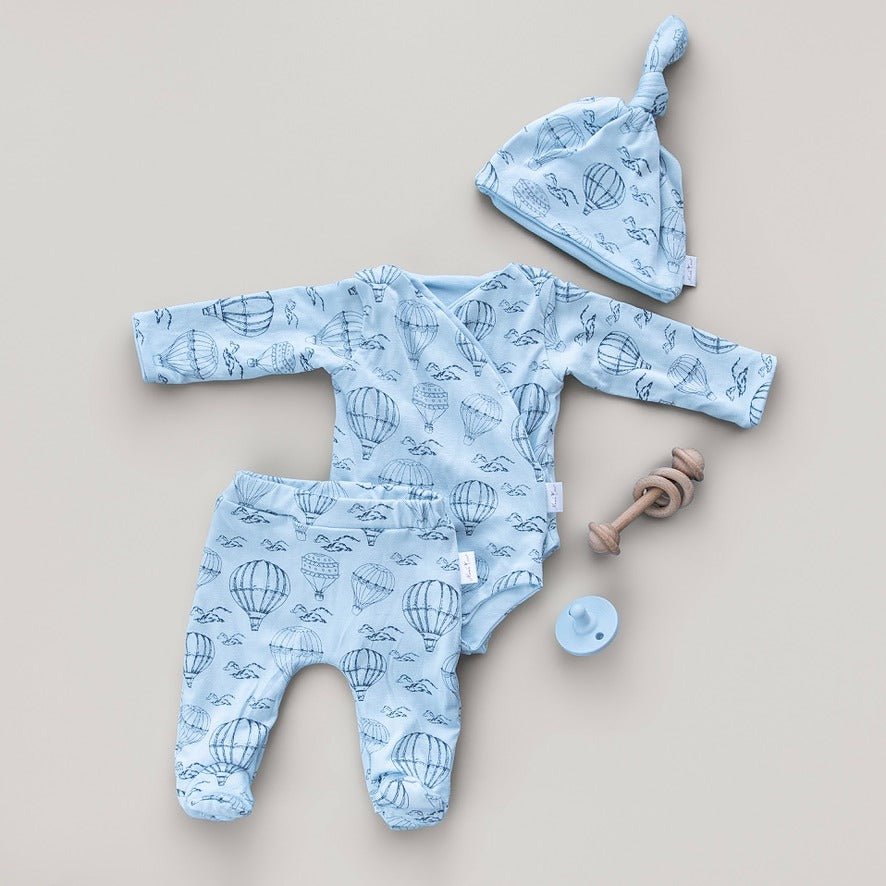 Long-sleeve baby onesie outfit bundle made from bamboo cotton in bon voyage design.