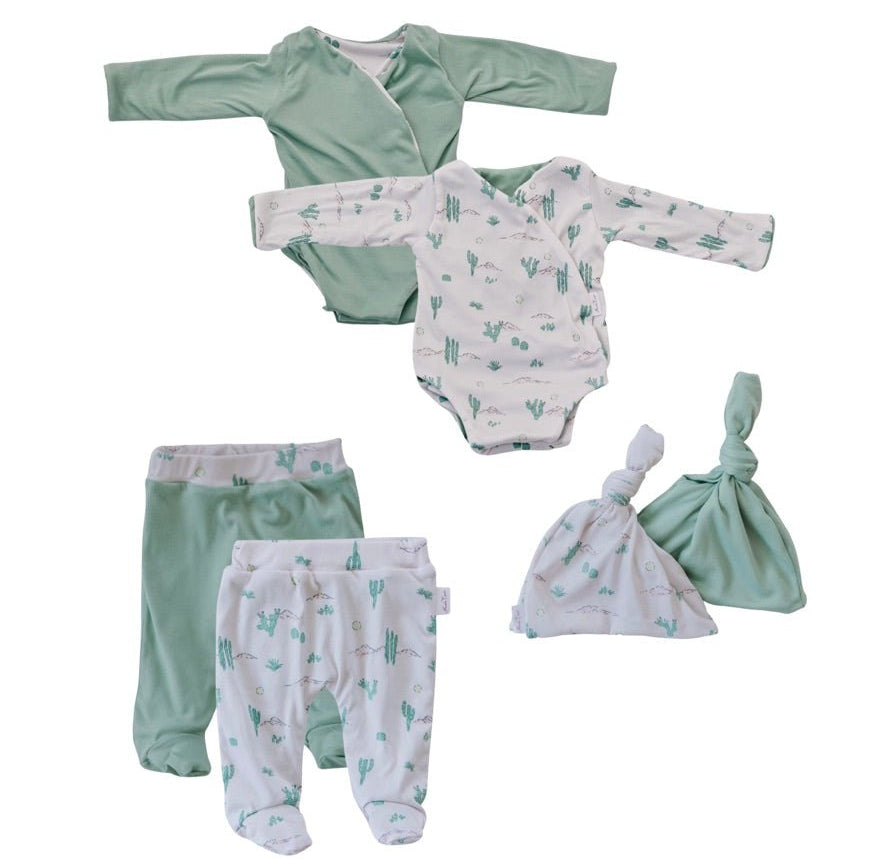 Long-sleeve onesie outfit bundle in desert sunsets design.