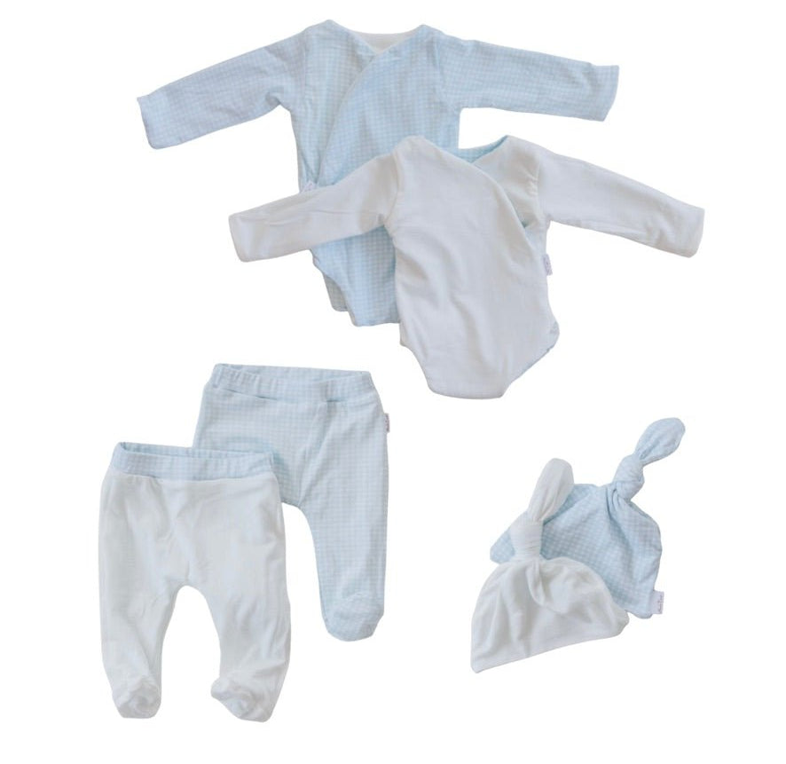 Long-sleeve onesie outfit bundle in baby blue gingham design.