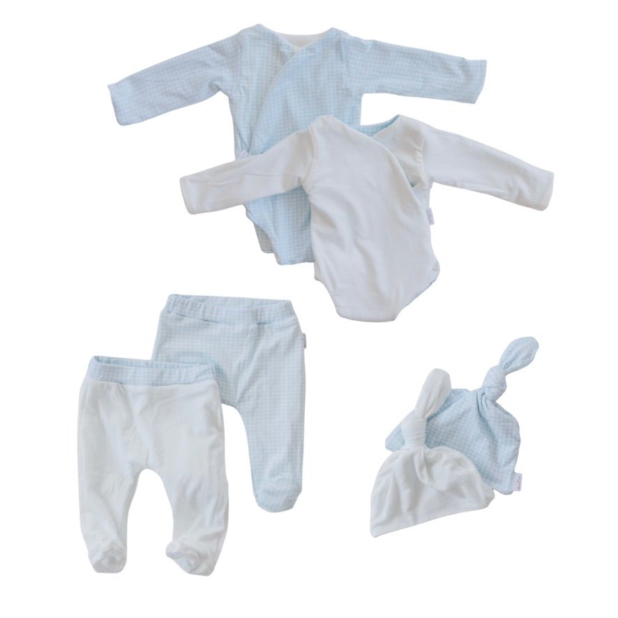 Long-sleeve onesie outfit bundle in baby blue gingham design.