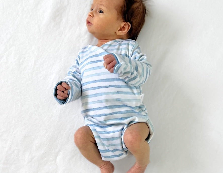 Classic brushed long sleeve newborn baby essentials bundle in chambray waves design.