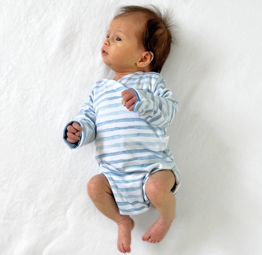 Classic brushed long sleeve newborn baby essentials bundle in chambray waves design.