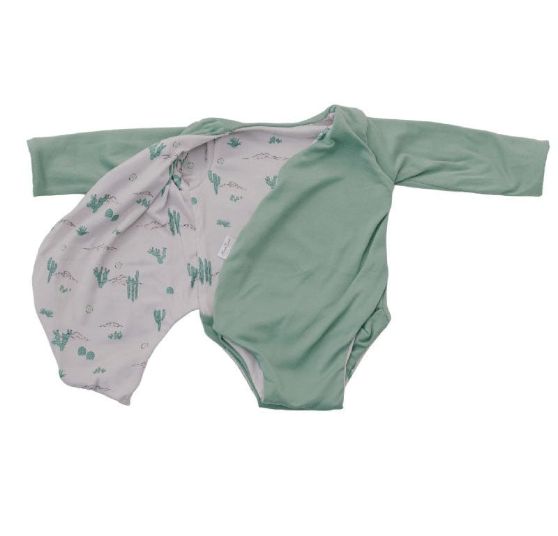 Reversible Desert Sunsets design long-sleeved winged bodysuit in classic brushed fabric.