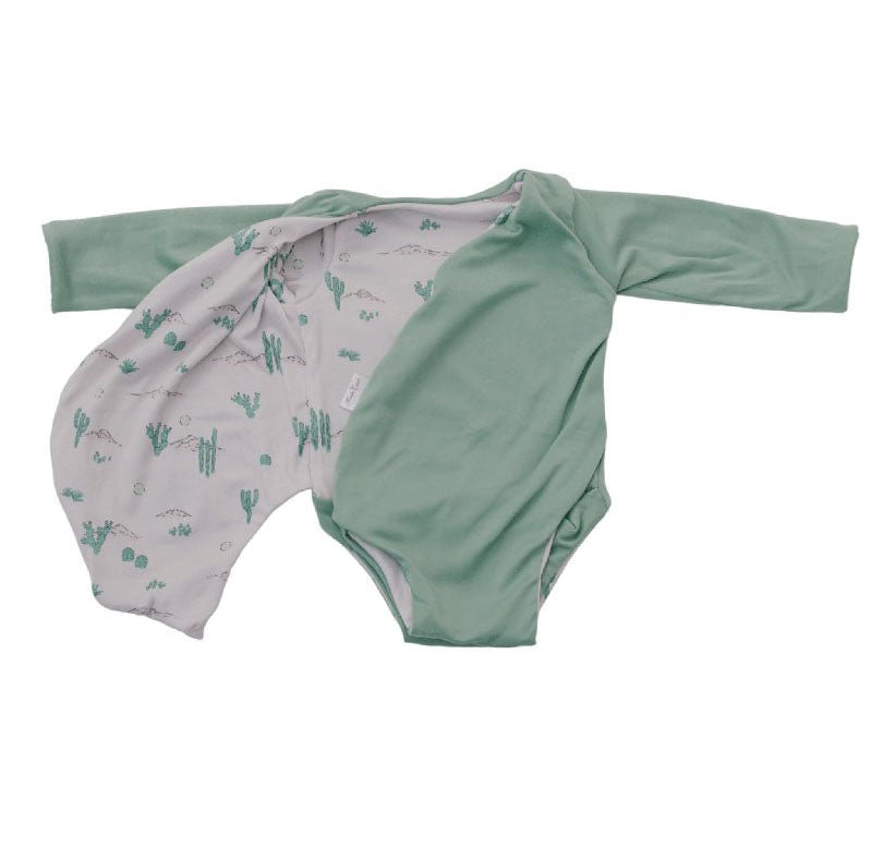 Reversible Desert Sunsets design long sleeved winged bodysuit in classic brushed fabric.